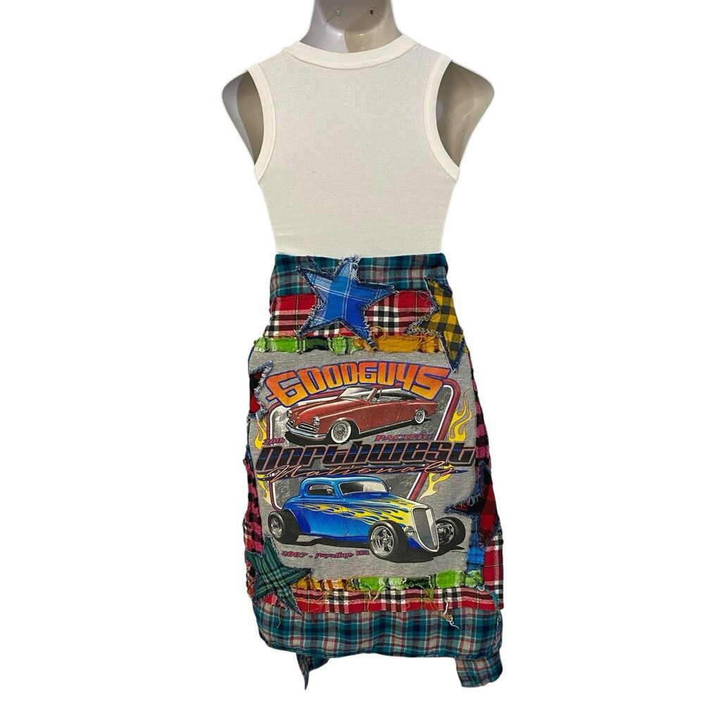 Upcycled Flannel Shirt Shacket Womens 3x Cars Mechanic Grunge Patchwork Folk Art - Picture 8 of 12